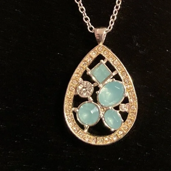 Necklace with light blue rhinestone teardrop pendant - Picture 2 of 2